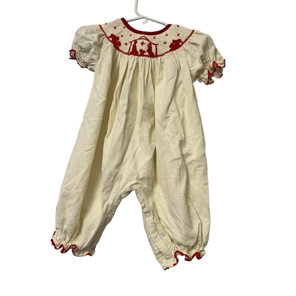 Smocked a lot cream red Nativity smocked bubble romper sz 6m Christmas - Picture 1 of 4